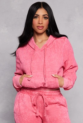 Womens Acid Wash Cropped Pullover Hoodie, Pink,