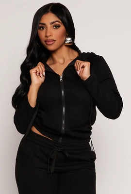 Womens Cargo Pocket Sleeve Zip Front Hoodie, Black, Size S