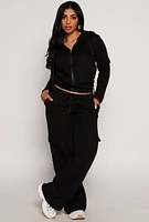 Womens Cargo Pocket Sleeve Zip Front Hoodie, Black, Size S