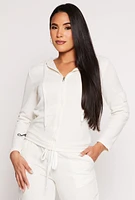 Womens Cargo Pocket Sleeve Zip Front Hoodie, White, Size S
