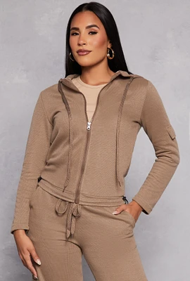 Womens Cargo Pocket Sleeve Zip Front Hoodie, Brown, Size S