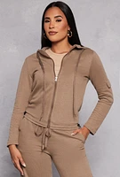Womens Cargo Pocket Sleeve Zip Front Hoodie, Brown, Size S