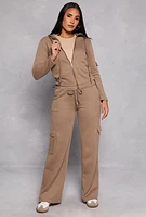 Womens Cargo Pocket Sleeve Zip Front Hoodie, Brown, Size S