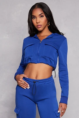 Womens Toggle Drawstring Hem Zip Front Hoodie, Blue,