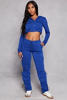 Womens Toggle Drawstring Hem Zip Front Hoodie, Blue,