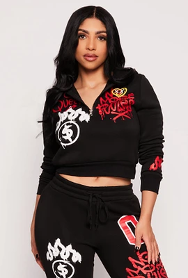 Womens Graffiti Print Half Zip Hoodie, Black, Size L
