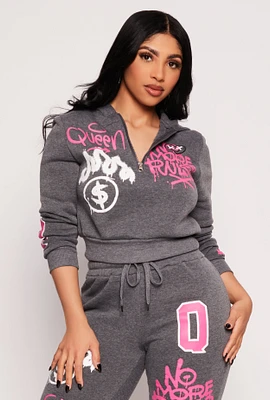 Womens Graffiti Print Half Zip Hoodie, Grey,