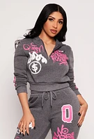 Womens Graffiti Print Half Zip Hoodie, Grey,