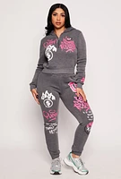 Womens Graffiti Print Half Zip Hoodie, Grey,