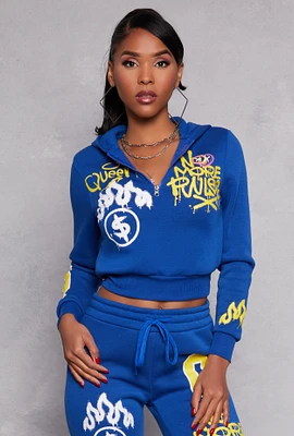 Womens Graffiti Print Half Zip Hoodie, Blue, Size L