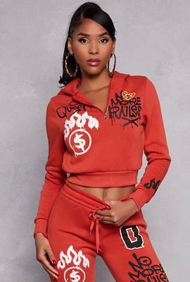 Womens Graffiti Print Half Zip Hoodie, Red, Size XL