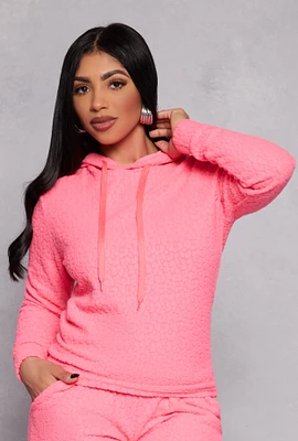 Womens Leopard Textured Knit Hoodie, Pink, Size M