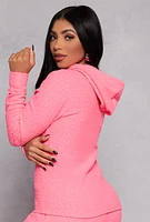 Womens Leopard Textured Knit Hoodie, Pink, Size M