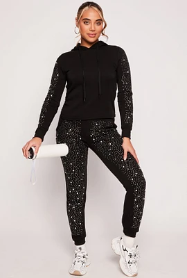 Womens Rhinestone Drawstring Joggers, Black, Size XL