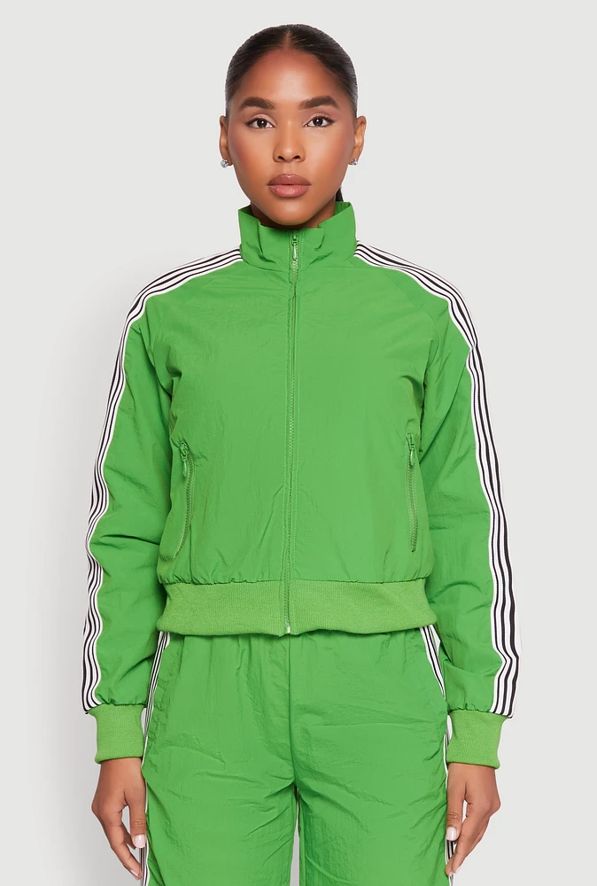 Womens Contrast Trim Mock Neck Track Jacket, Green, Size L