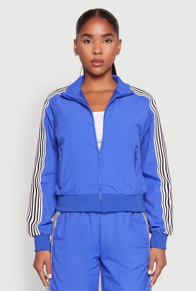 Womens Contrast Trim Mock Neck Track Jacket, Blue,