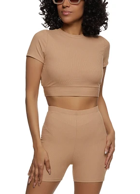 Womens Ribbed Soft Knit Open Back Crop Top, Brown, Size S