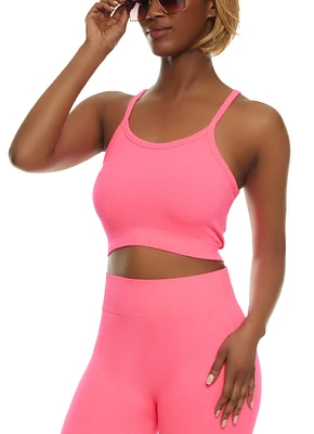 Womens Ribbed Knit Seamless Sleeveless Crop Top, Pink, Size S-M