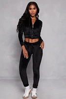 Womens Solid Velour Zip Front Cropped Hoodie, Black, Size M