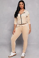 Womens Solid Velour Zip Front Cropped Hoodie, Beige, Size L