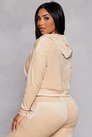 Womens Solid Velour Zip Front Cropped Hoodie, Beige, Size M