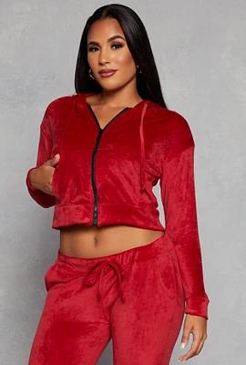 Womens Solid Velour Zip Front Cropped Hoodie, Red, Size M