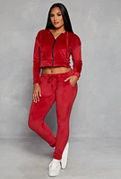 Womens Solid Velour Zip Front Cropped Hoodie, Red, Size S