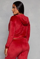 Womens Solid Velour Zip Front Cropped Hoodie, Red, Size S
