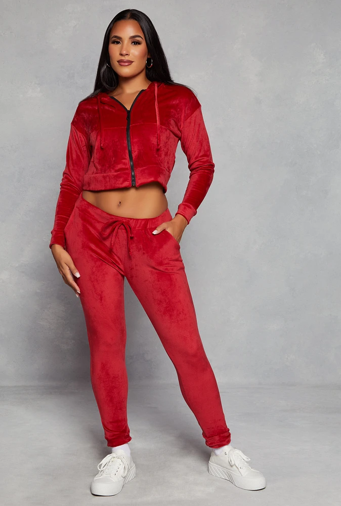 Womens Solid Velour Drawstring Joggers, Red, Size M