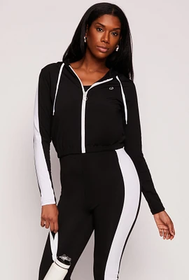 Womens Color Block Zip Front Cropped Hoodie, Black, Size S