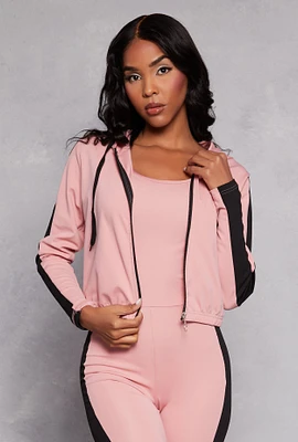 Womens Color Block Zip Front Cropped Hoodie, Pink, Size S