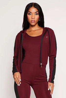 Womens Color Block Zip Front Cropped Hoodie, Burgundy, Size S