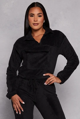 Womens Plush Flap Pocket Half Zip Sweatshirt, Black, Size S