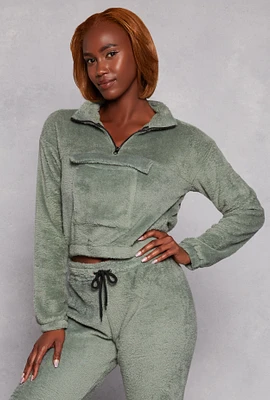 Womens Plush Flap Pocket Half Zip Sweatshirt, Green, Size S