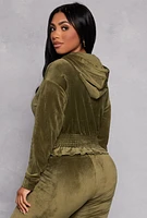 Womens Velour Smocked Hem Pullover Hoodie, Green, Size M