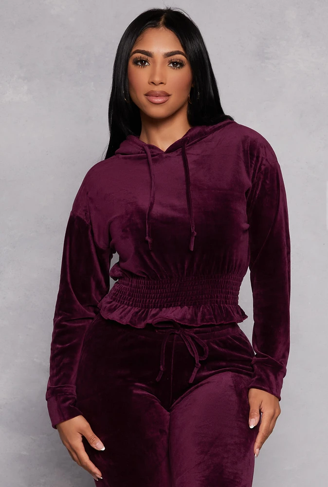 Womens Velour Smocked Hem Pullover Hoodie, Burgundy, Size S