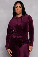 Womens Velour Smocked Hem Pullover Hoodie, Burgundy, Size S