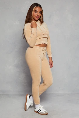 Womens Velour High Waist Drawstring Joggers, Beige, Size S