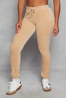 Womens Velour High Waist Drawstring Joggers, Beige, Size S