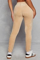 Womens Velour High Waist Drawstring Joggers, Beige, Size S