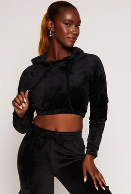 Womens Velour Cropped Pullover Hoodie,