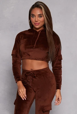 Womens Velour Cropped Pullover Hoodie, Brown, Size XL