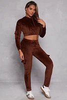 Womens Velour Cropped Pullover Hoodie, Brown, Size XL
