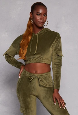 Womens Velour Cropped Pullover Hoodie, Green, Size M