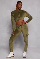 Womens Velour Cropped Pullover Hoodie, Green, Size M