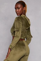 Womens Velour Cropped Pullover Hoodie, Green, Size M