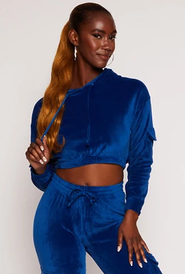 Womens Velour Cropped Pullover Hoodie, S