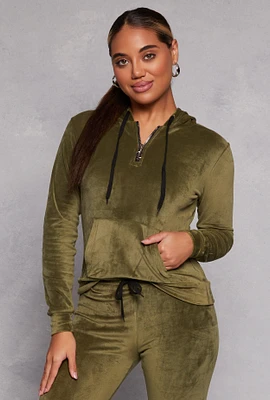 Womens Velour Half Zip Hoodie, Green, Size M
