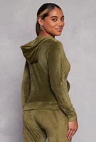 Womens Velour Half Zip Hoodie, Green, Size M