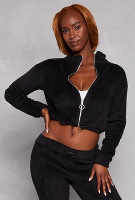 Womens Toggle Drawstring Hem Plush Zip Front Top, Black, Size L